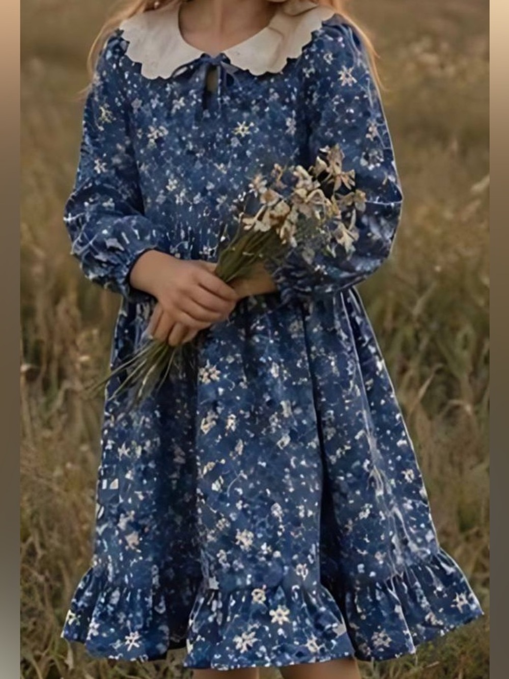 Girls' Navy Floral Long-Sleeve Dress with Scalloped Cream Collar